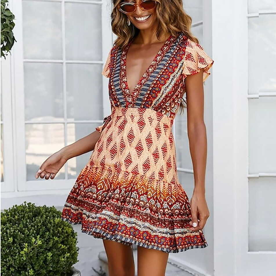 Womens Bohemian Floral Printed Mini Dress Deep V Neck Summer Short ...