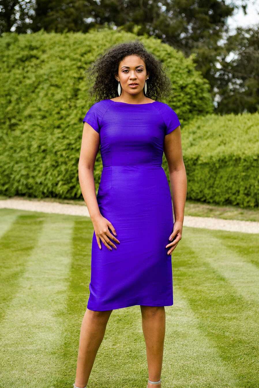 Womens Bright Purple Violet Fitted Shift Dress, Boat Neck, Wedding ...