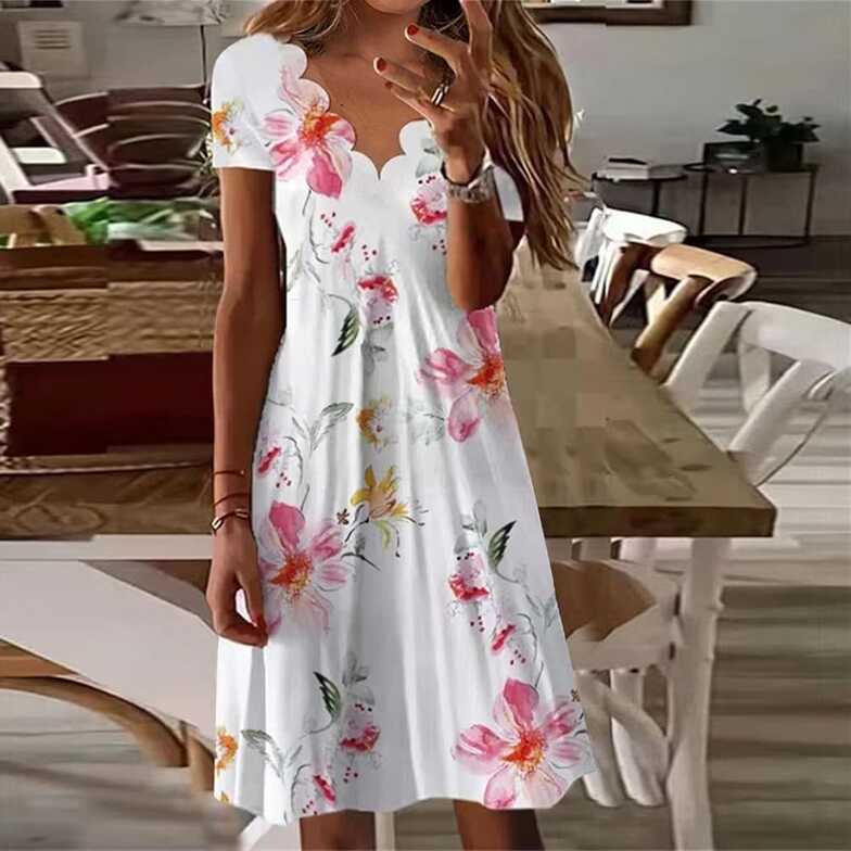 Womens Casual Floral Short Sleeve V Neck Flowy Flowing A Line Midi ...