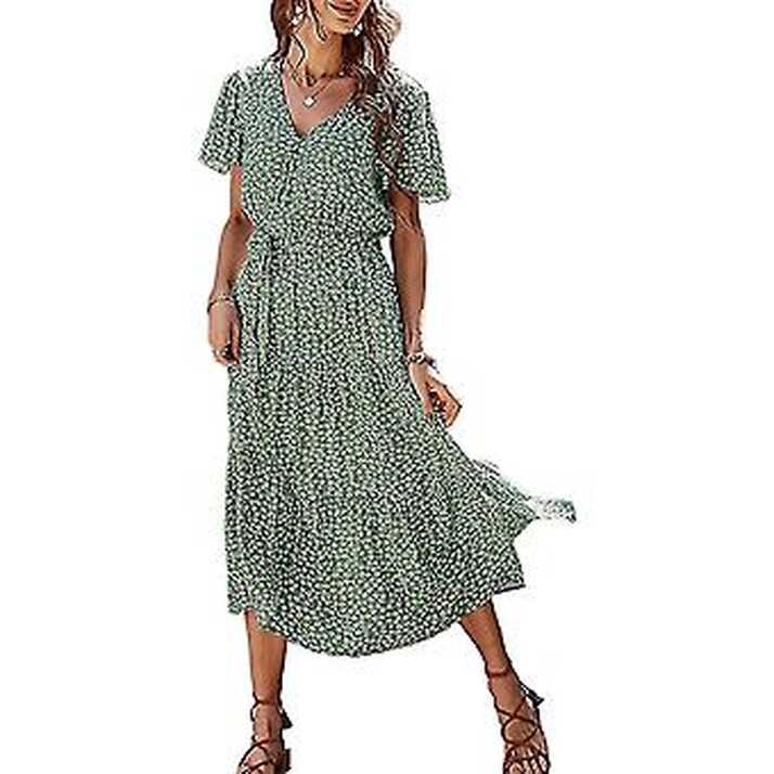 Womens Casual Floral Summer Maxi Dress Wrap V Neck Short Flutter ...