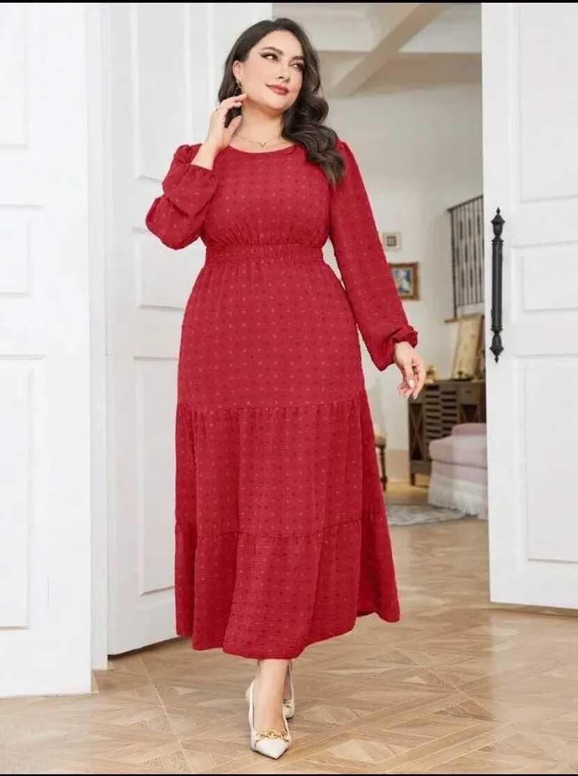 Womens Casual Formal Plus Size Dress Plain Elegant Long Sleeve ...