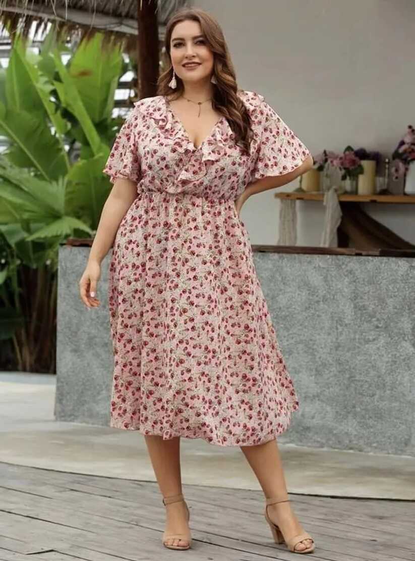 Womens Casual Formal Plus Size Dress V Neck Puff Sleeve Pink ...