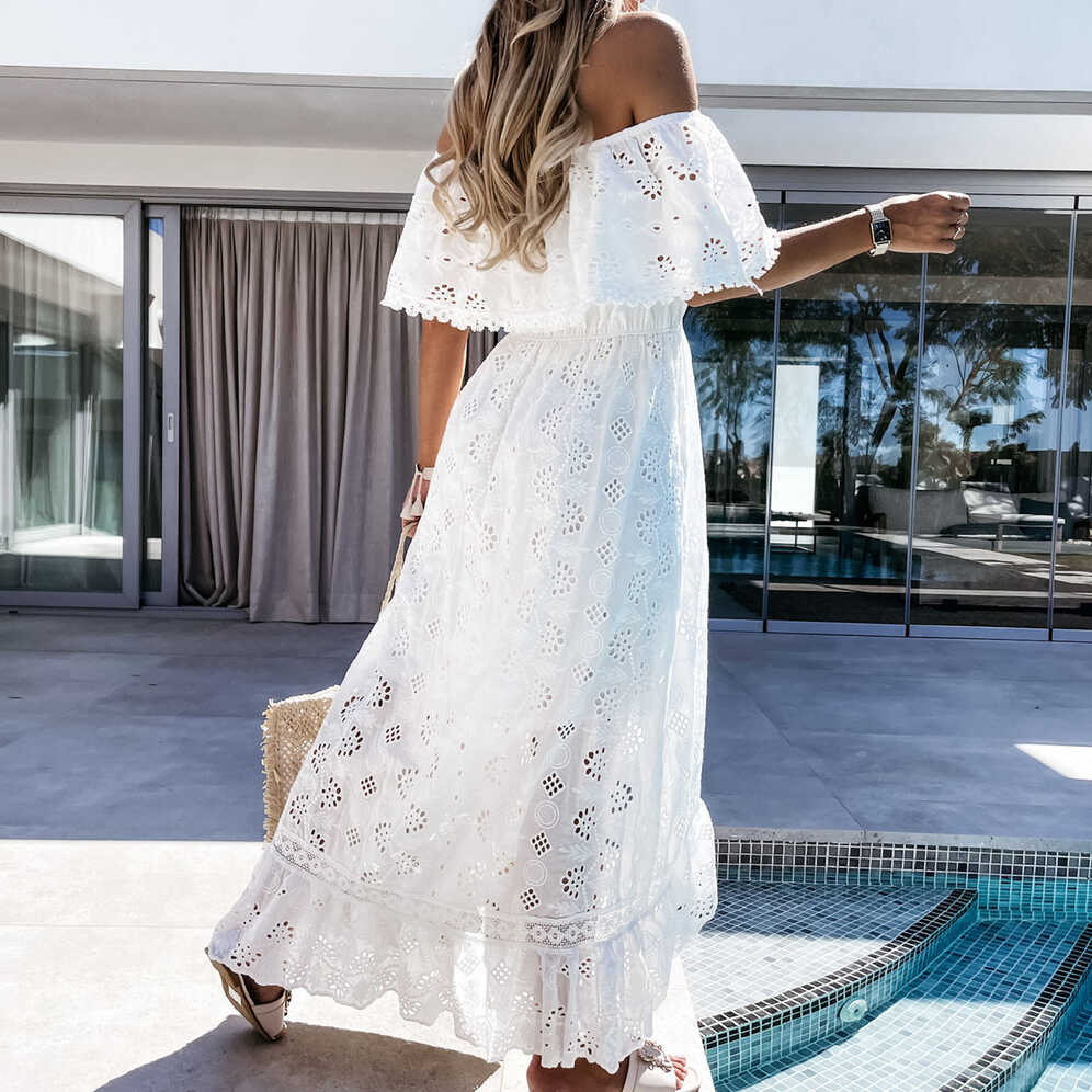 Womens Casual Off Shoulder Lace Long Dress White Wedding ...