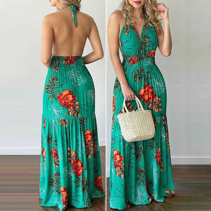 Womens Casual Tropical Halter Backless Maxi Dress Sleeveless Beach ...