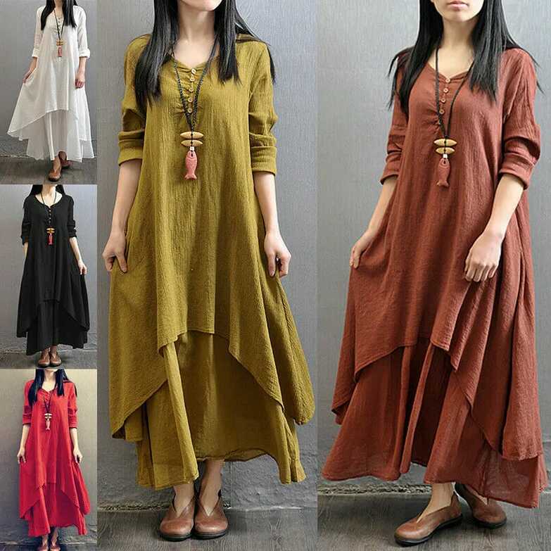 Womens Casual Tunic Solid Long Sleeve Maxi Dress V Neck Cotton ...