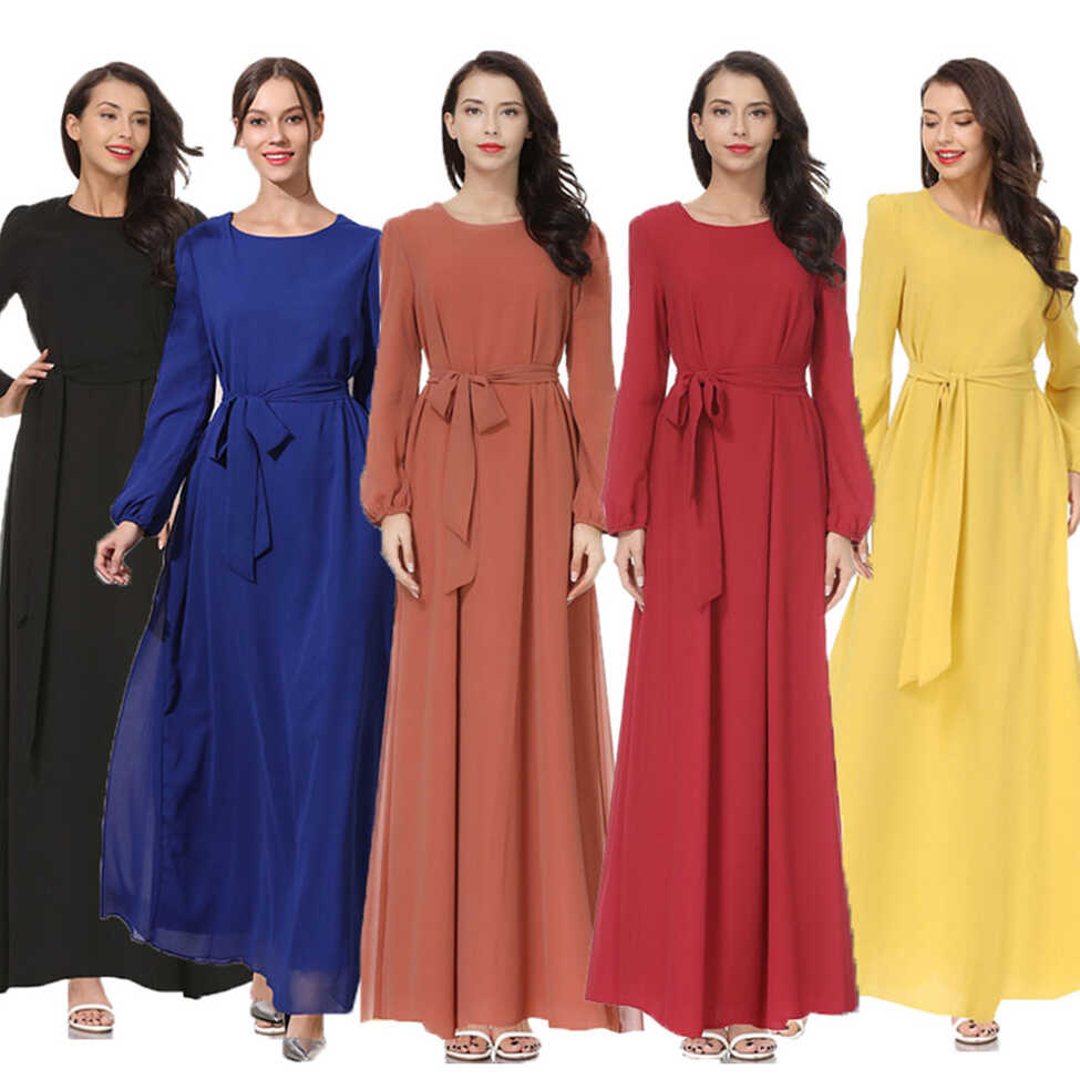 Womens Chiffon Robe Arabian Long Sleeve Plain Maxi Dress ...