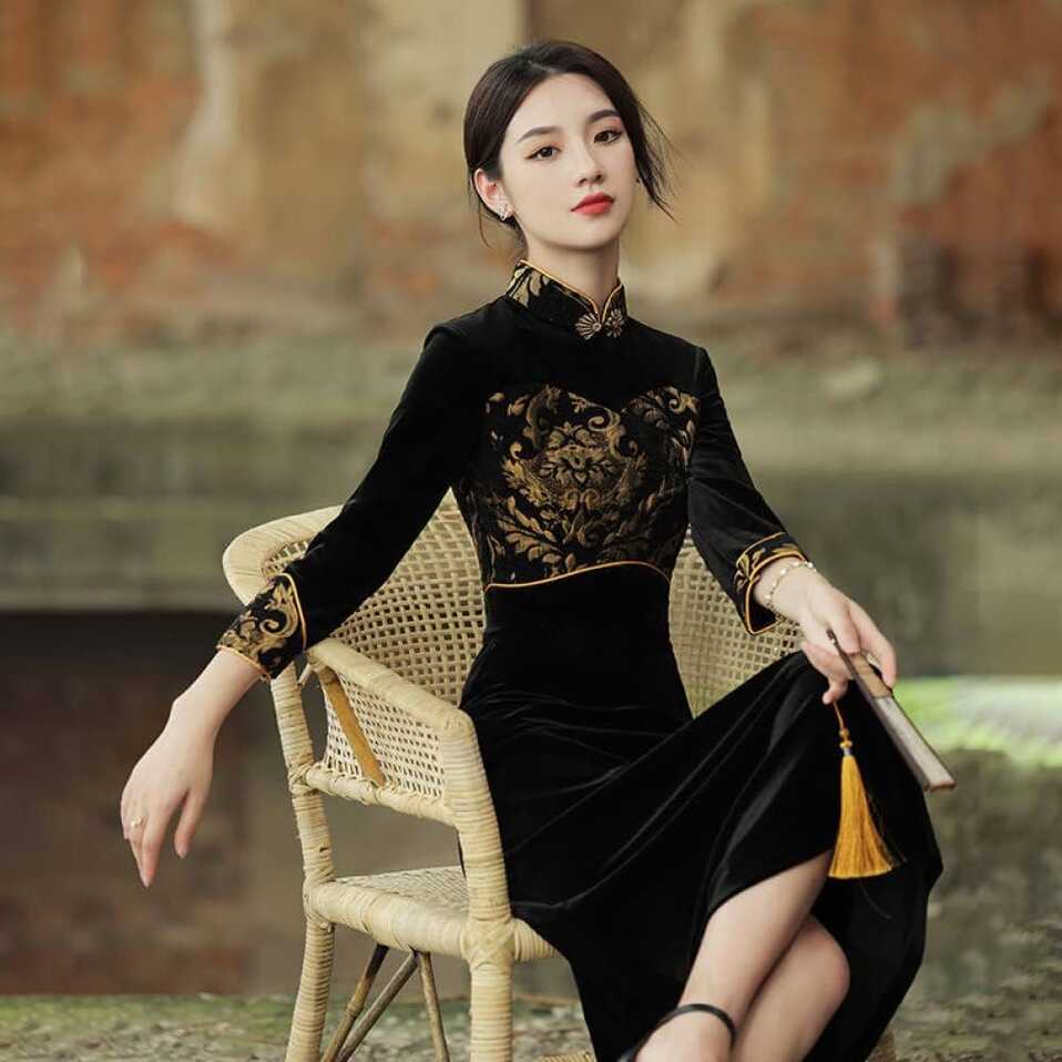 Womens Chinese Dress - Ethnic Style Harajuku Modern Qipao Black ...