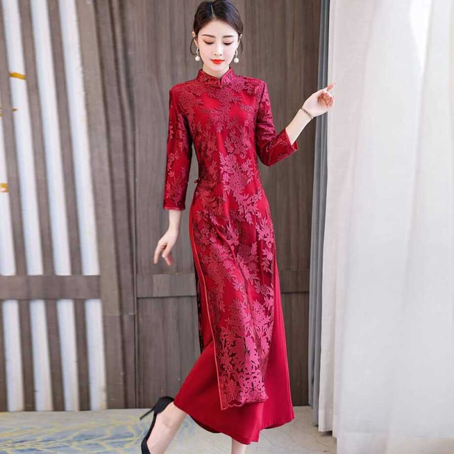 Womens Chinese Dress - Red Wine Long Wedding Qipao Women Oriental ...