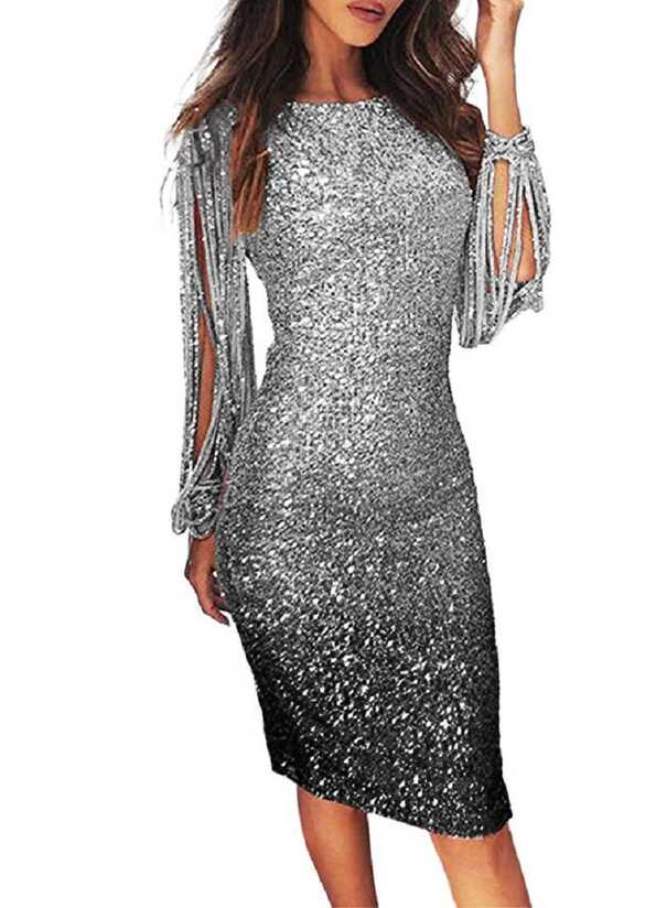 Womens Elegant Sexy Mini Dress Gradient Sequin Tassel Sleeve Knee ...