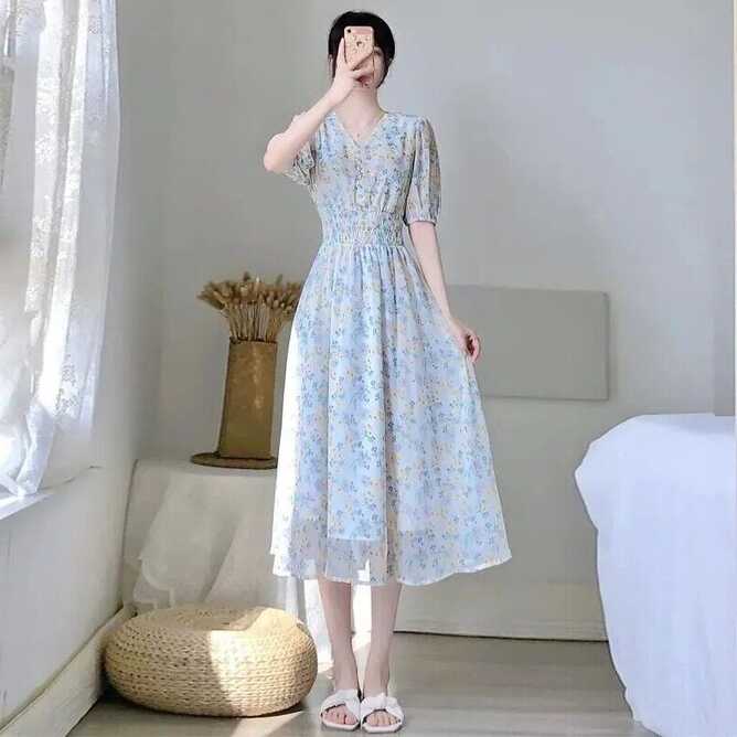 Womens Floral Print V Neck Long Dress Short Sleeves Slim Fit ...