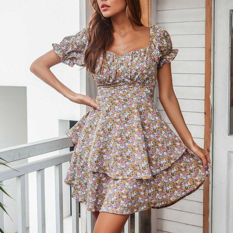 Womens Floral Puff Sleeve Layered Mini Dress Fashion Elegant Cute ...