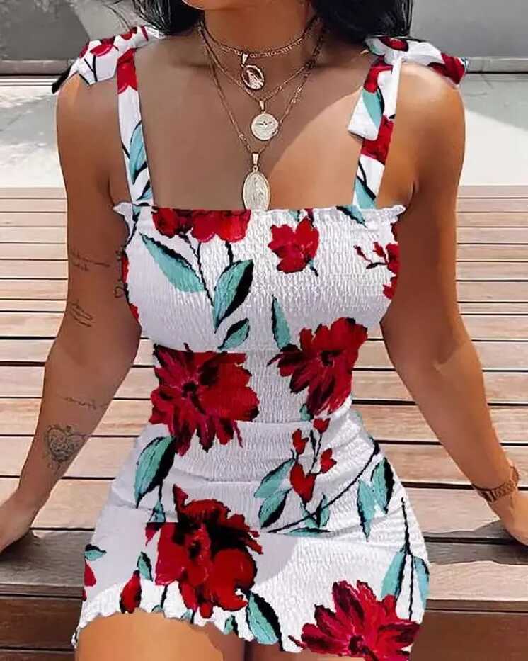 Womens Floral Strappy Mini Dress Summer Bodycon Party Beach ...