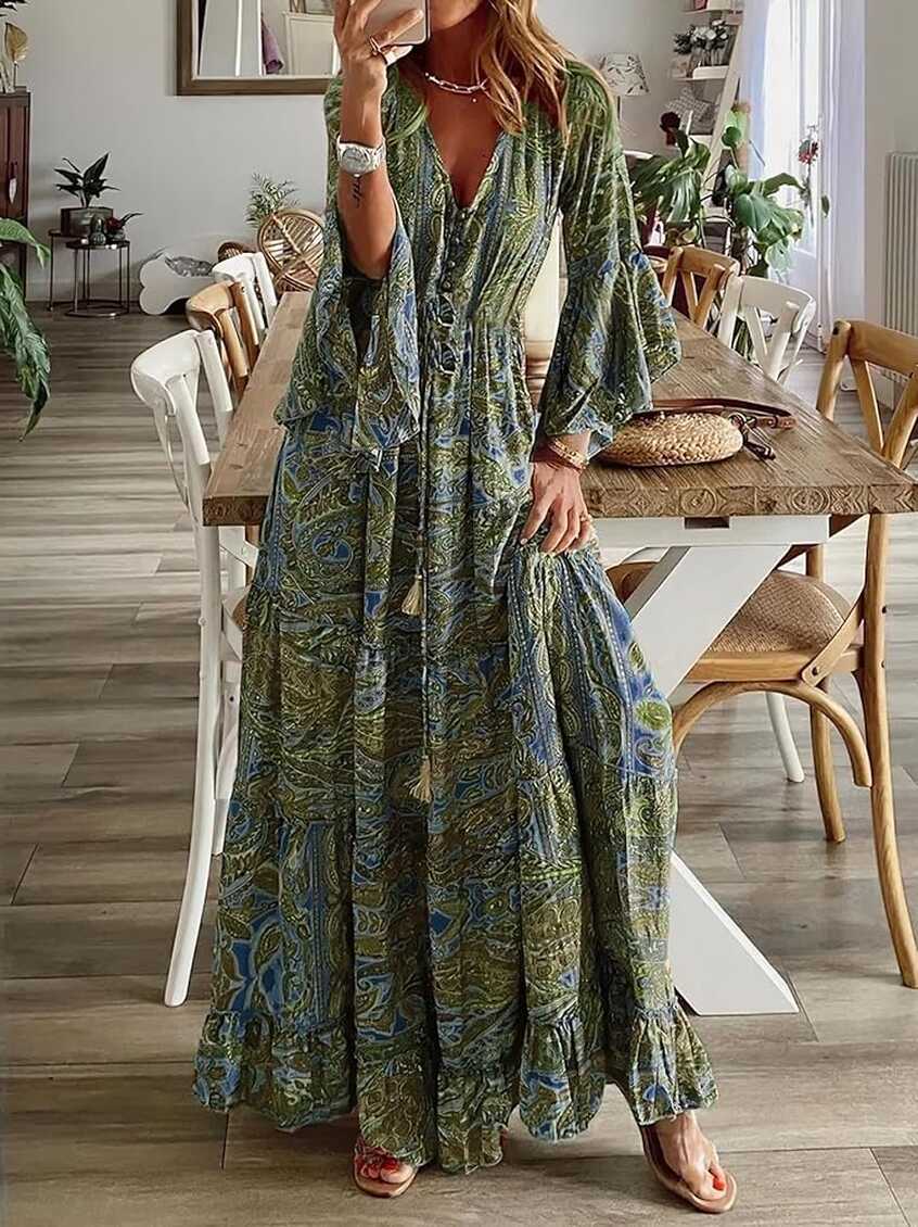 Womens Flowy Boho Floral Long Bell Sleeve Maxi Dress Casual Spring ...