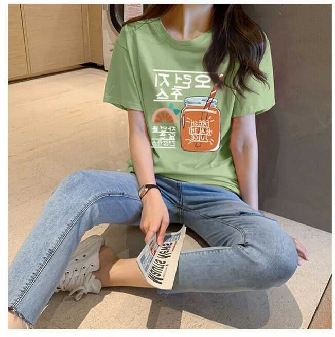 Womens Girls Summer Loose Fit T-shirt 100% Cotton Oversize Korean ...