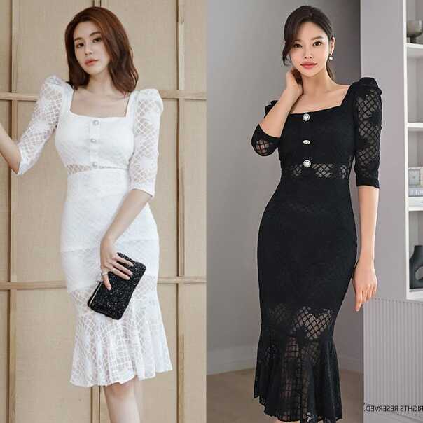 Womens Korean Square Neck 3/4 Sleeve Bodycon Dress Fishtail Lace ...