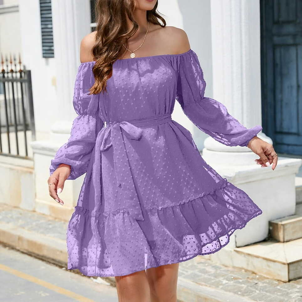 Womens Lace-up Dresses Square Neck Long Puff Sleeve Ruffle Elastic ...