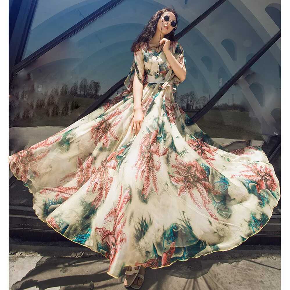 Womens Lady Boho Sleeve Floral Long Maxi Summer Beach Dress ...