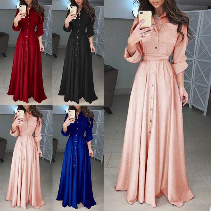 Womens Lady Casual Fashion Long Sleeve Lapel Maxi Long Dress Solid ...