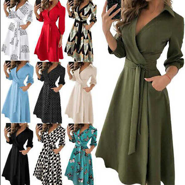 Womens Long Sleeve Floral Maxi Dress Ladies Casual Lace Up Pocket ...