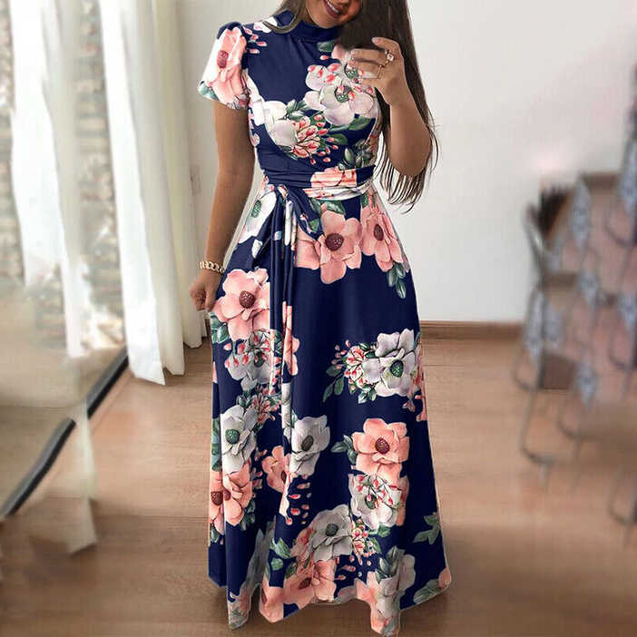 Womens Long Sleeve Floral Maxi Dress Ladies Evening Party Lace Up ...