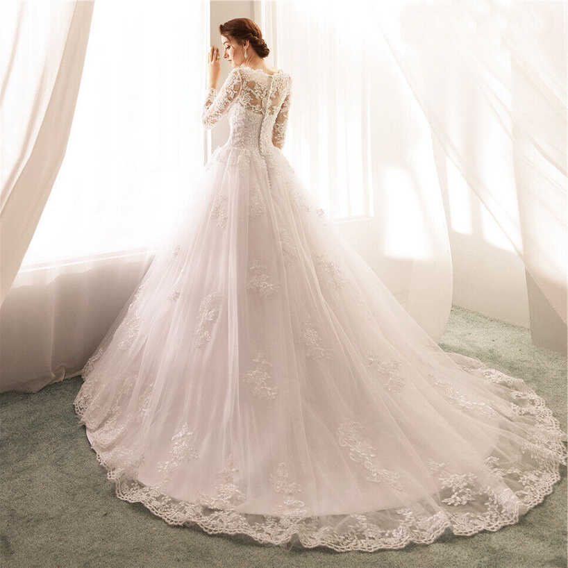 Womens Long Sleeve Lace Appliques Wedding Gown Elegant Wedding ...