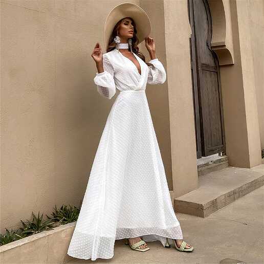 Womens Maxi White Dress Print Long Sleeve Chiffon Casual Flowy ...