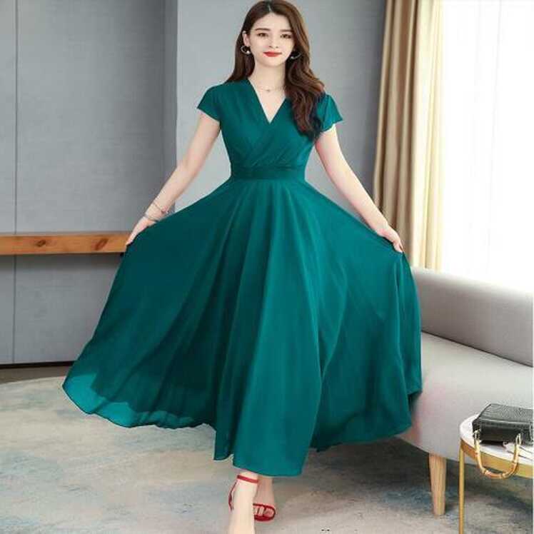 Womens New Fashion Summer V Neck Pure Color Long Dress Beach Maxi ...