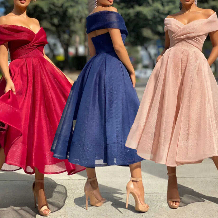 Womens Off Shoulder Bridesmaid Party Prom Dresses Formal Ball Mid ...