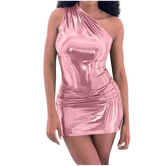 Womens One Shoulder Bodycon Dresses Fashion Shiny Metallic Mini ...