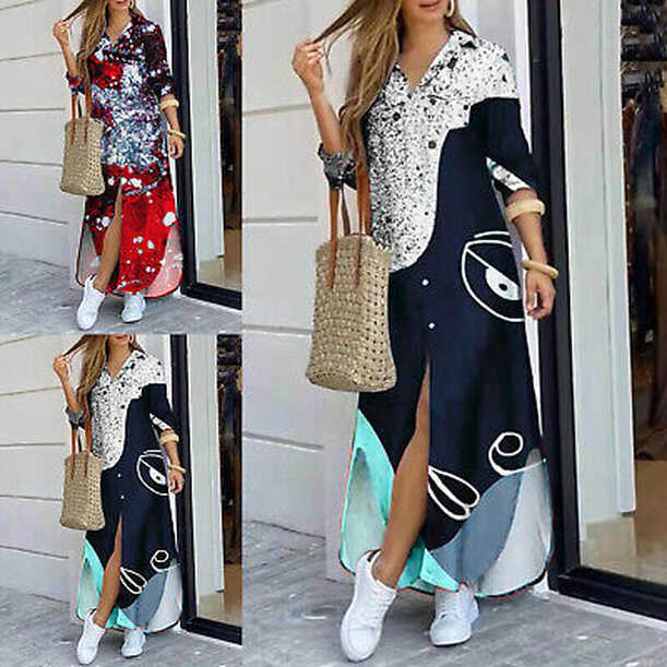 Womens Pinting Long Casual Maxi TShirt Dresses Loose Button ...