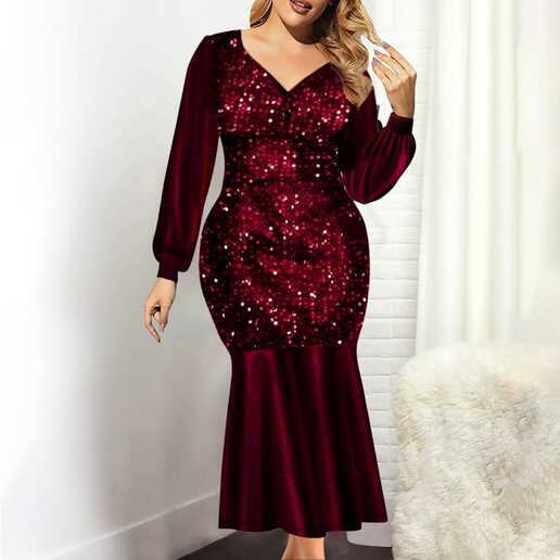 Womens Plus Size Sequins Dress Long Sleeve Slim Fit Sexy Elegant ...