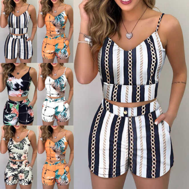 Womens Print Strappy Crop Top+Shorts Summer Holiday Co-ord Two ...