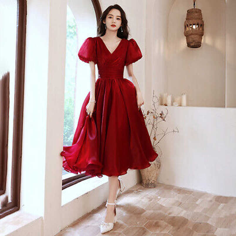 Womens Satin Blend V Neck Puff Sleeves High Waist Tutu Dress ...