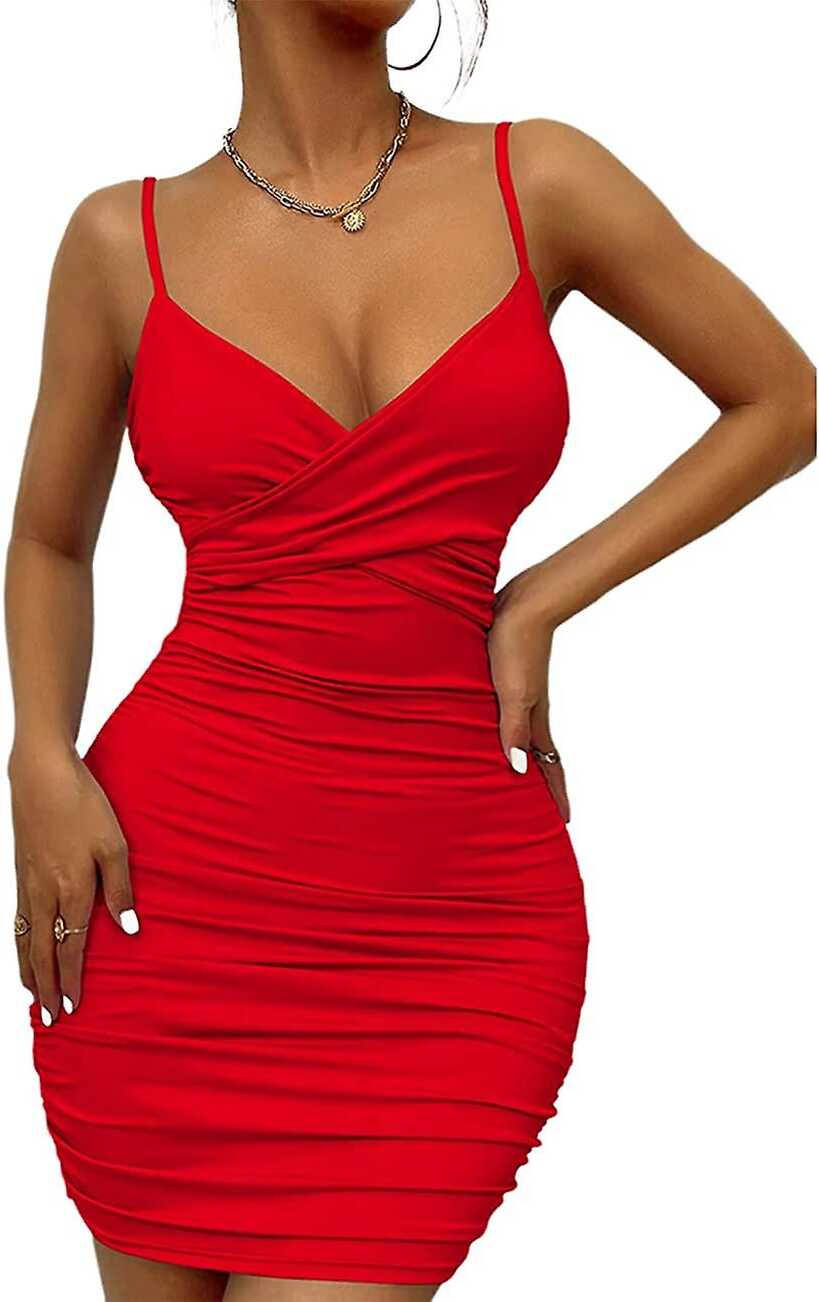 Womens Sexy Bodycon Party Dresses Spaghetti Strap Ruched Mini Club ...