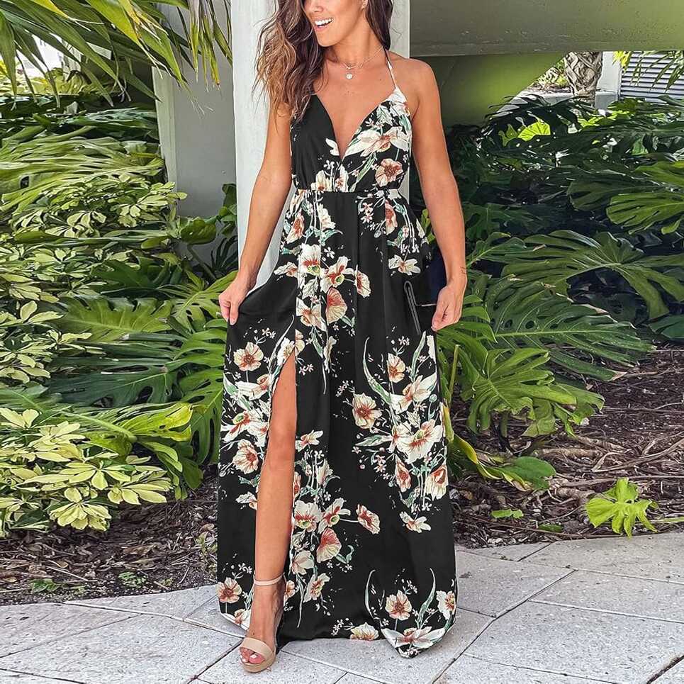 Womens Sexy Spaghetti Strap Deep V Neck Floral Boho Split Party ...