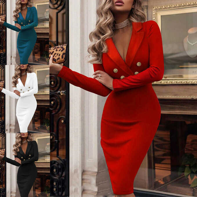 Womens Sexy V Neck Long Sleeve Mini Dress Ladies Work Suit Blazer ...