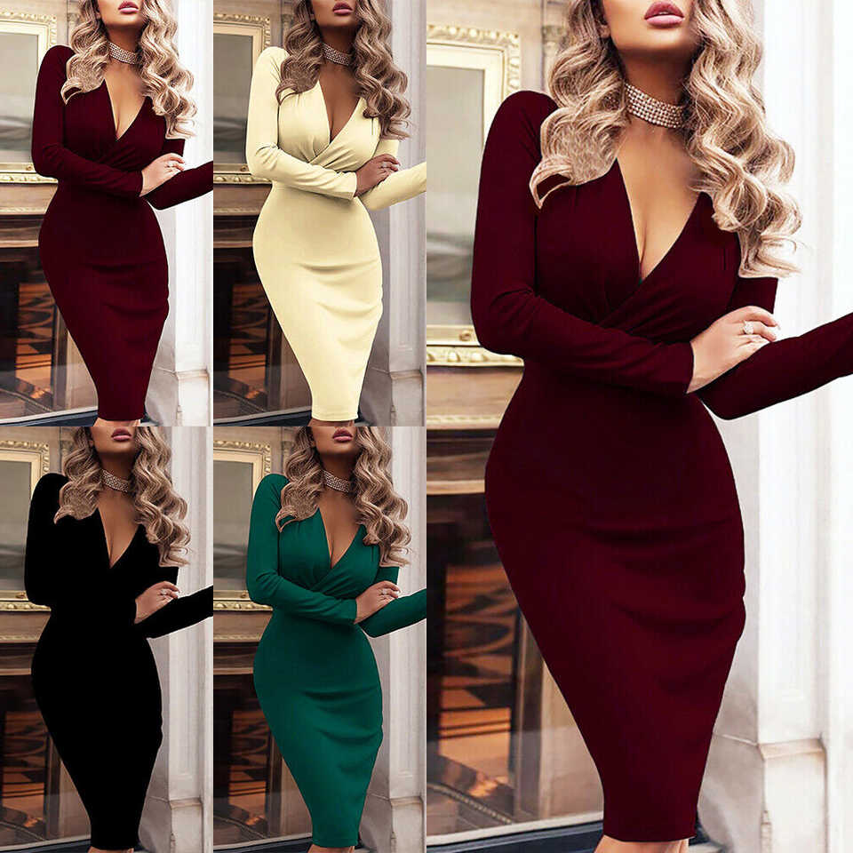 Womens Sexy V Neck Party Bodycon Ladies Long Sleeve Evening ...