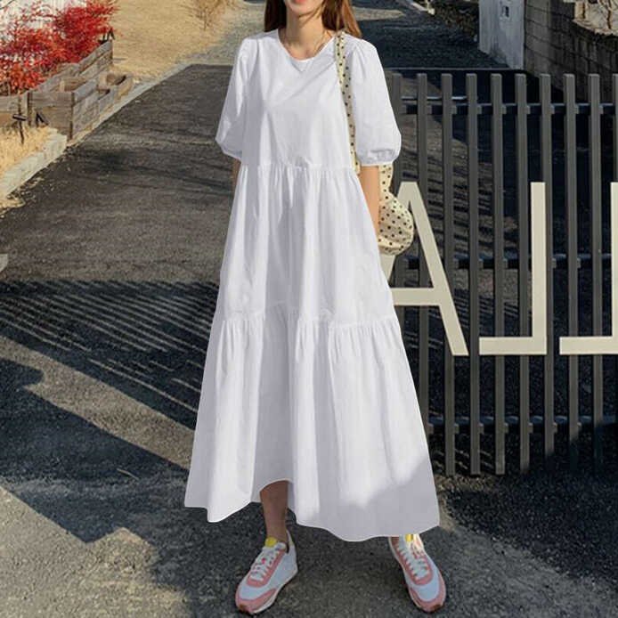 Womens Short Sleeve A-line Maxi Dress Linen Cotton Summer Tiered ...