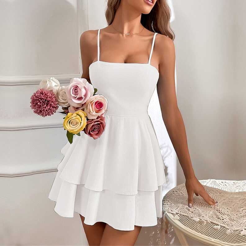 Womens Spaghetti Strap Solid Summer Tie Back Mini Dresses Sexy ...