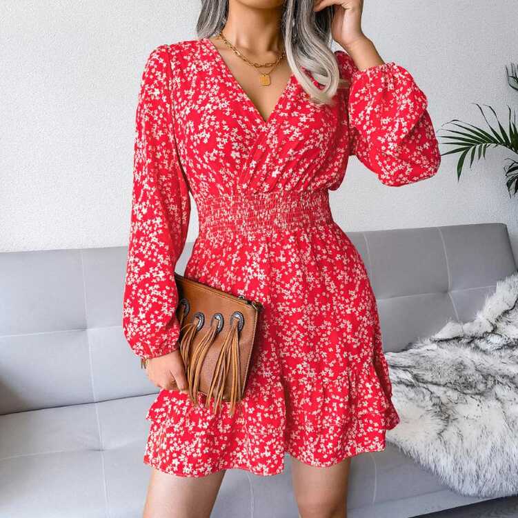 Womens Spring Summer Deep V Neck Chiffon Long Sleeve Floral Print ...