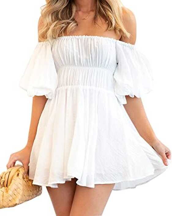 Womens Spring Summer Dress Off Shoulder Short Puff Sleeve Ruffle ...