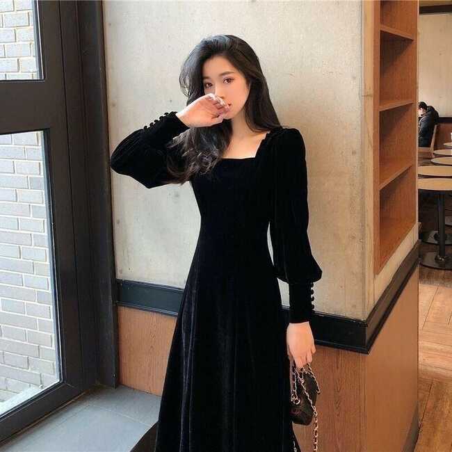 Womens Square Collar Mid-length Long-sleeved Velvet Dress Slim fit ...