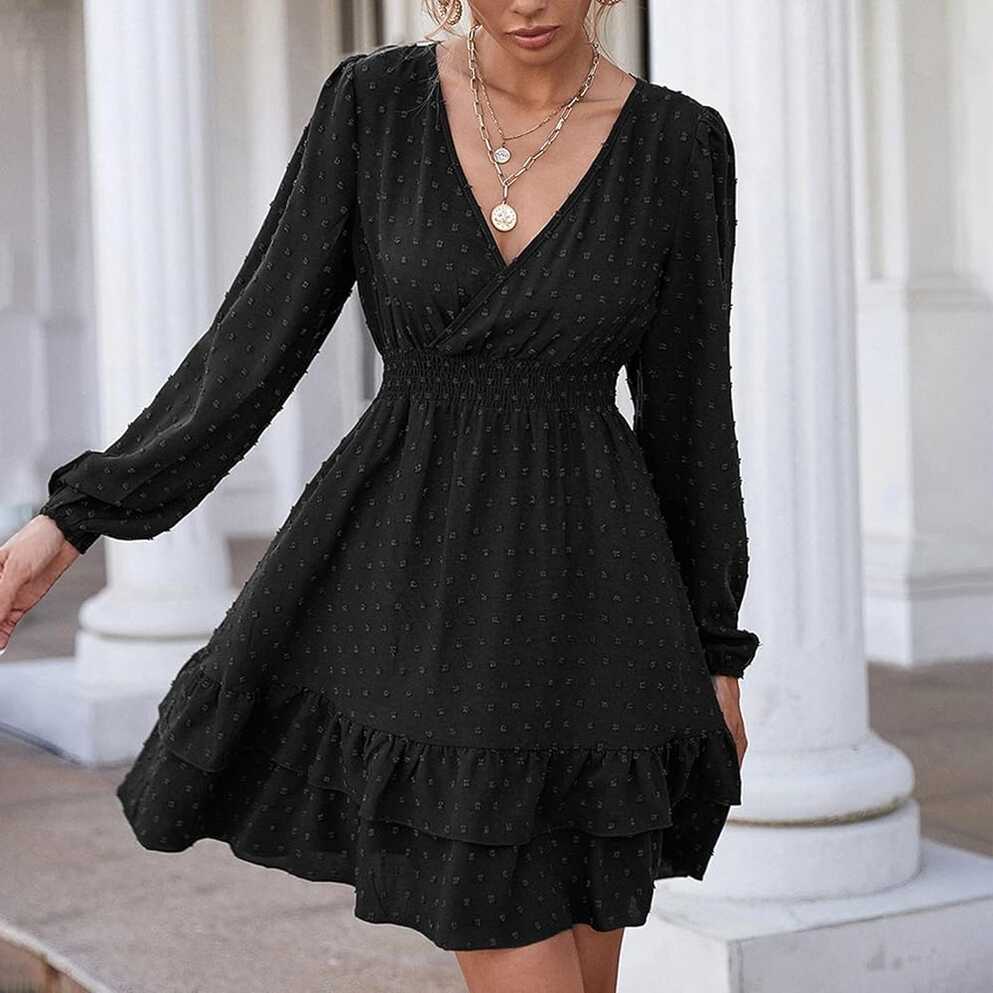 Womens Summer Short Sleeve V Neck Loose Mini Dress Chiffon Dot ...