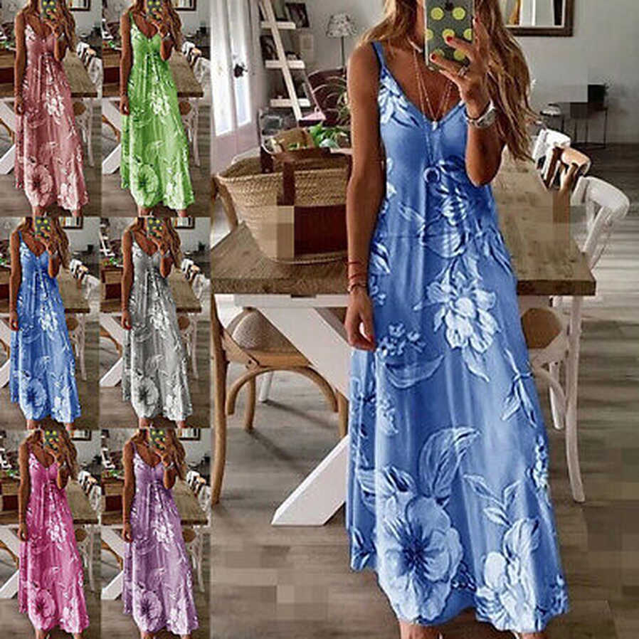 Womens Summer Sleeveless Flower Print Long Maxi Evening Party ...