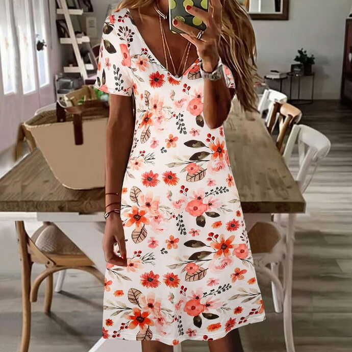 Womens Summer V Neck Print Short Sleeve Casual Dresses Simple ...