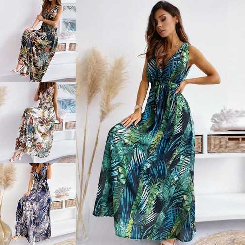 Womens V Neck Boho Floral Maxi Long Dress Ladies Summer Beach ...