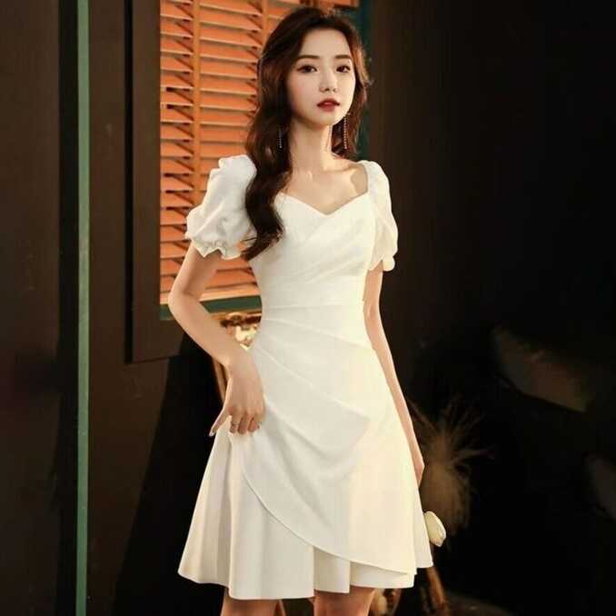 Womens White Dress Elegant V Neck Short Puff Sleeves High Waist ...