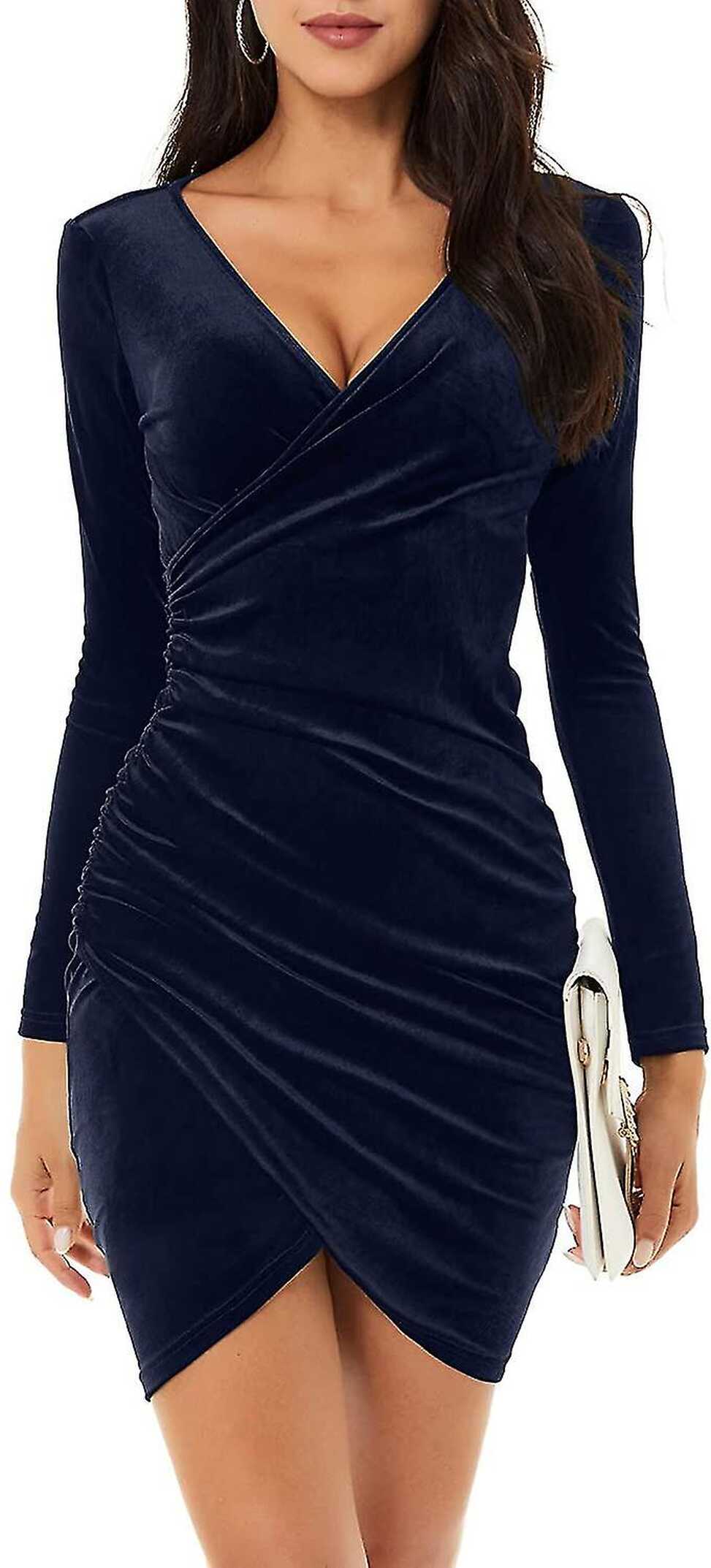 Womens Wrap V Neck Long Sleeve Velvet Bodycon Ruched Cocktail ...