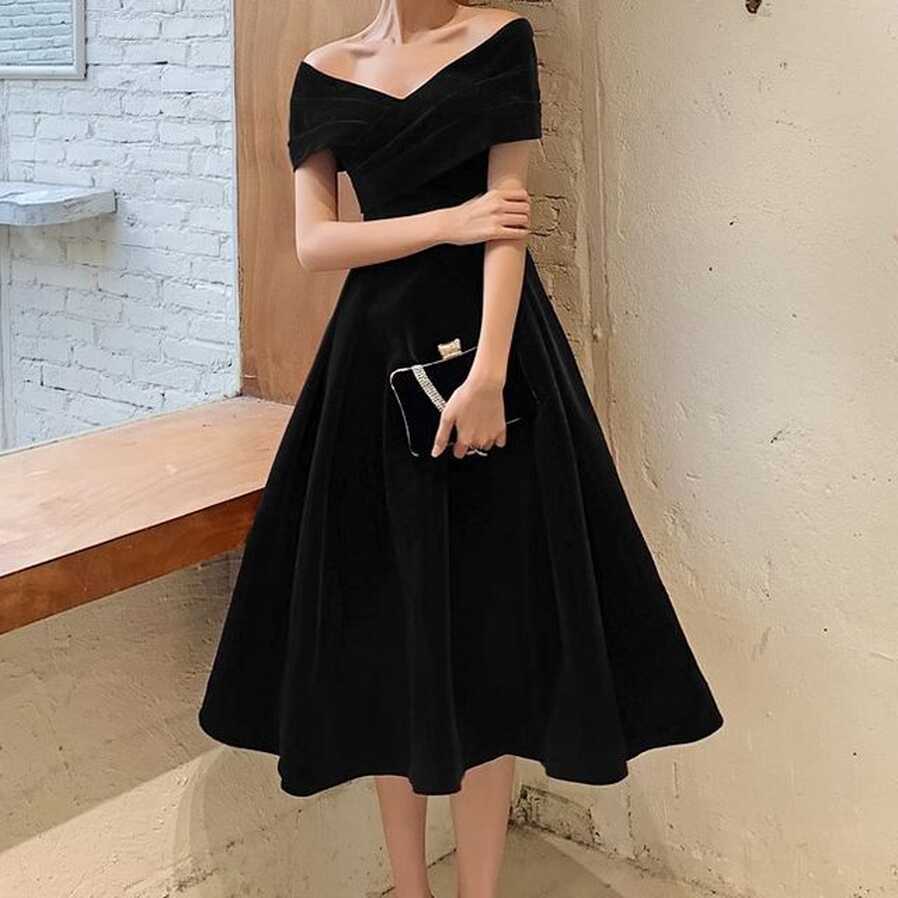 Wospe - Off-Shoulder Plain Midi A-Line Cocktail Dress | YesStyle