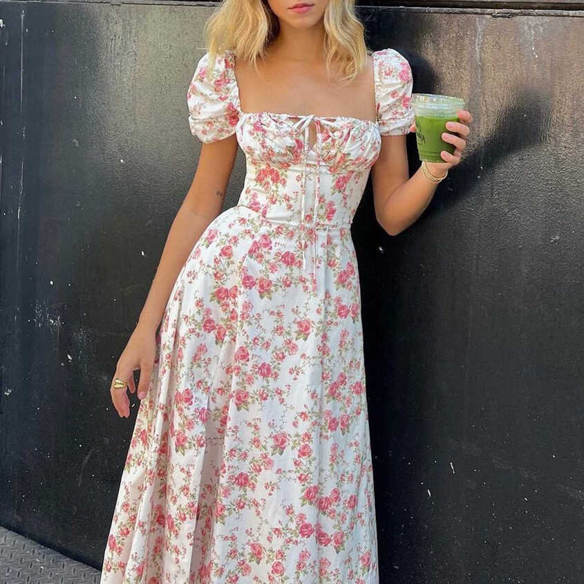 Wycnly Summer Dresses for Women Beach Cute Puff Sleeve Tie Front ...